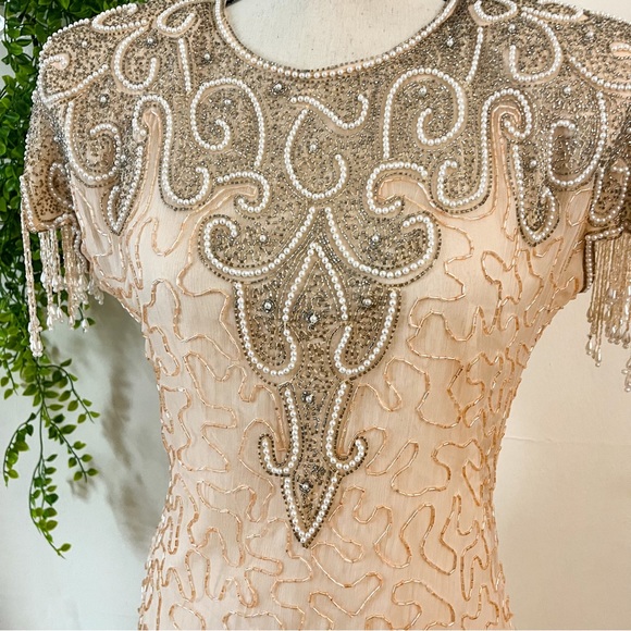 Vintage Lew Magram Peach Silk Beaded Cocktail Dress Medium - Picture 8 of 11